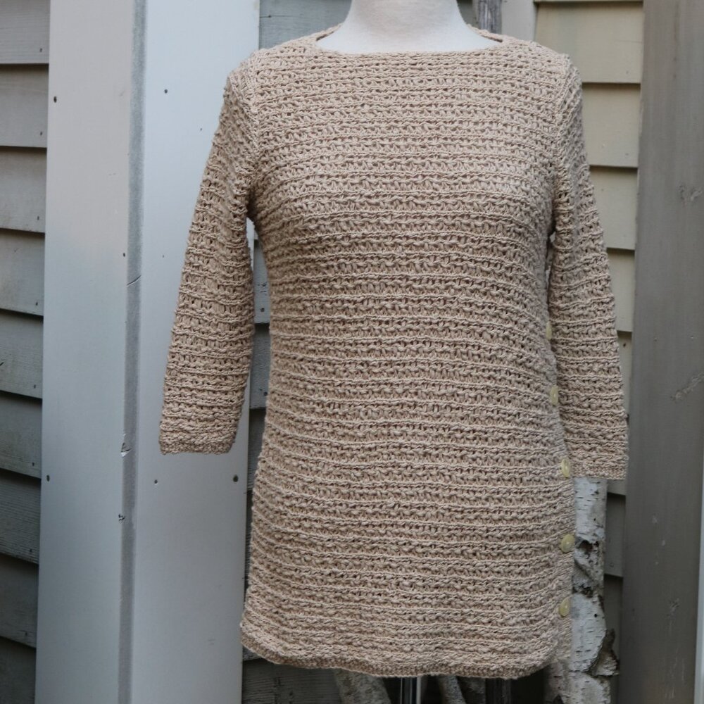 J Jill Taupe Boat Neck Side Buttons 3/4 Sleeves Loose Weave Tunic Sweater Sz XS
